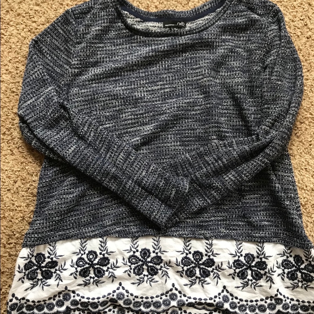 Navy and white thin sweater with Lacey trim